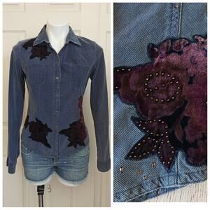 Vintage Express western corduroy velvet floral applique button shirt sz M